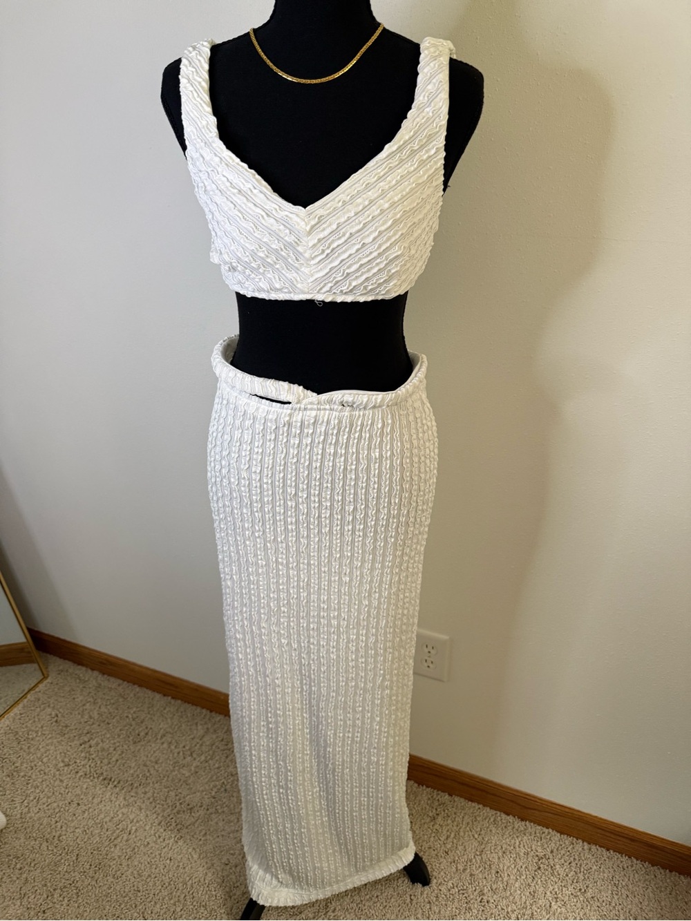 12th Tribe White Textured Cutout Maxi Skirt Set Beach Resort Coquette M + L